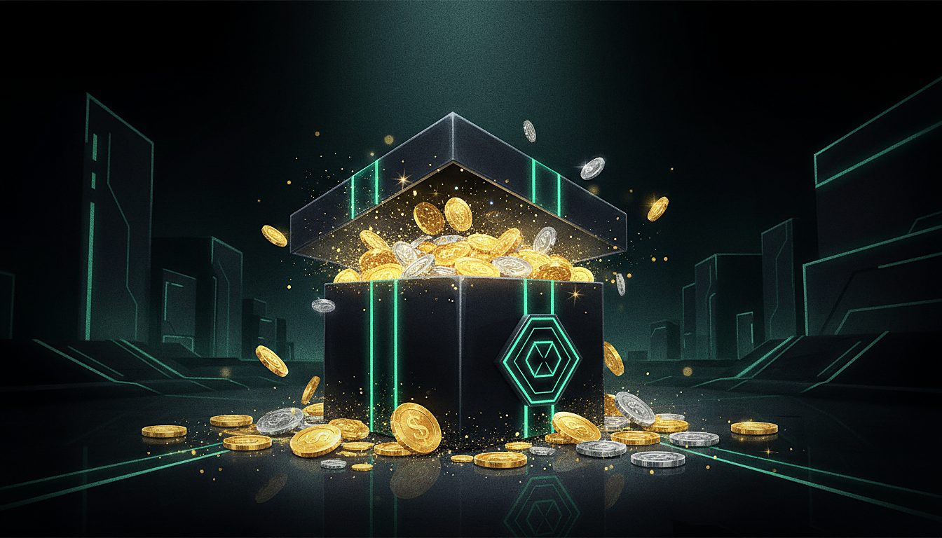 gift box overflowing with coins and sparkles, bonus theme